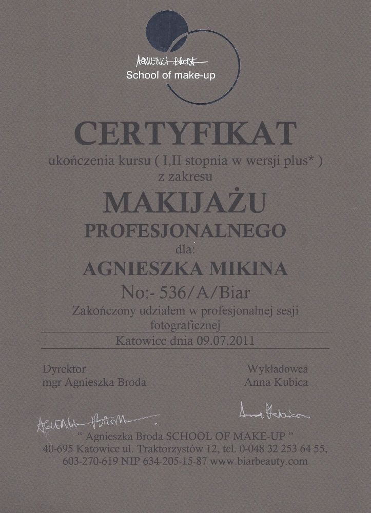 Certyfikat makijażu profesjonalnego